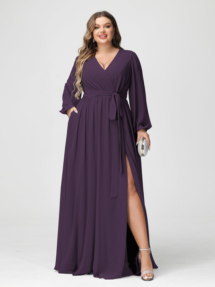 Plus Size Chiffon Bridesmaid Dresses with Pockets – A-Line/Princess V-Neck Long Sleeves