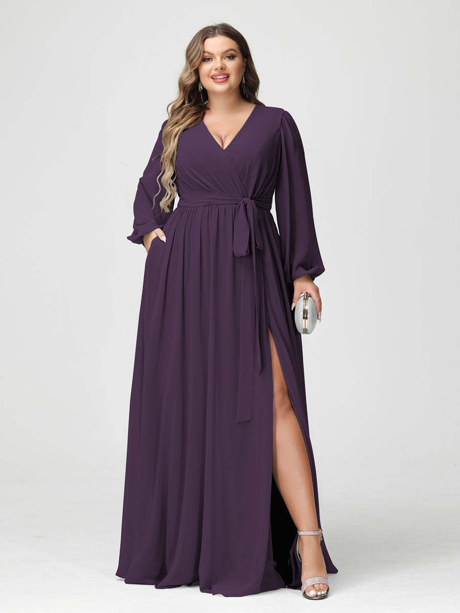 Plus Size Chiffon Bridesmaid Dresses with Pockets – A-Line/Princess V-Neck Long Sleeves