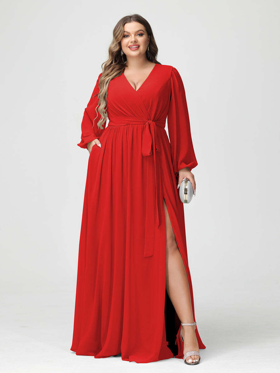 Plus Size Chiffon Bridesmaid Dresses with Pockets – A-Line/Princess V-Neck Long Sleeves