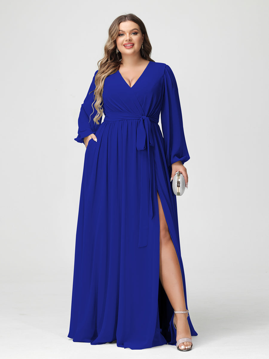 Plus Size Chiffon Bridesmaid Dresses with Pockets – A-Line/Princess V-Neck Long Sleeves