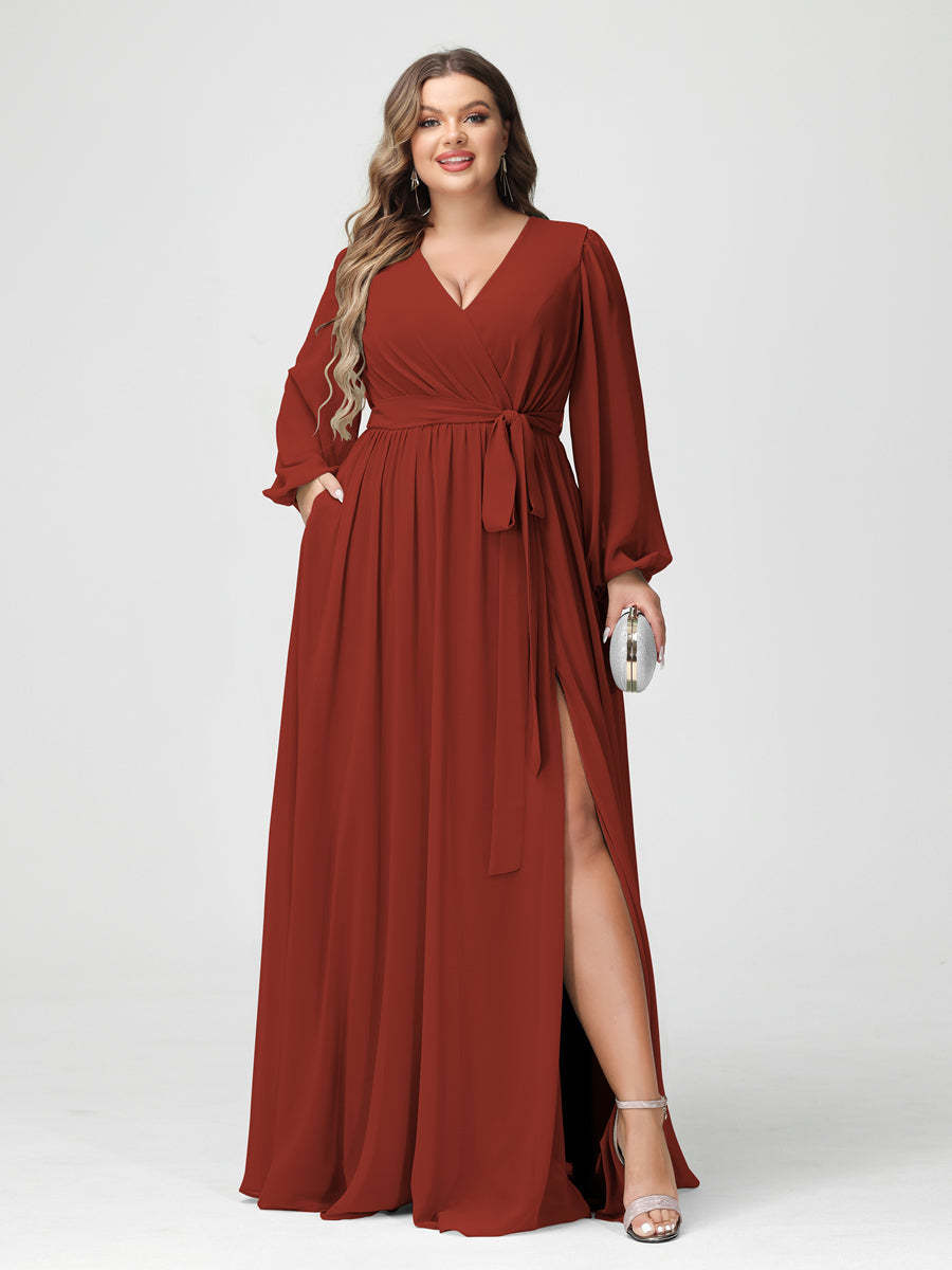 Plus Size Chiffon Bridesmaid Dresses with Pockets – A-Line/Princess V-Neck Long Sleeves