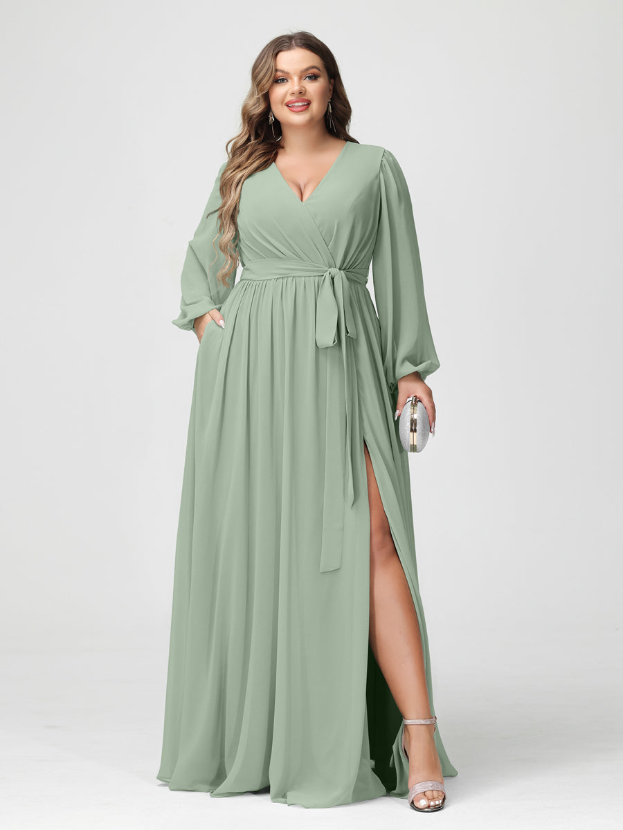 Plus Size Chiffon Bridesmaid Dresses with Pockets – A-Line/Princess V-Neck Long Sleeves