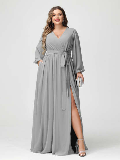 Plus Size Chiffon Bridesmaid Dresses with Pockets – A-Line/Princess V-Neck Long Sleeves