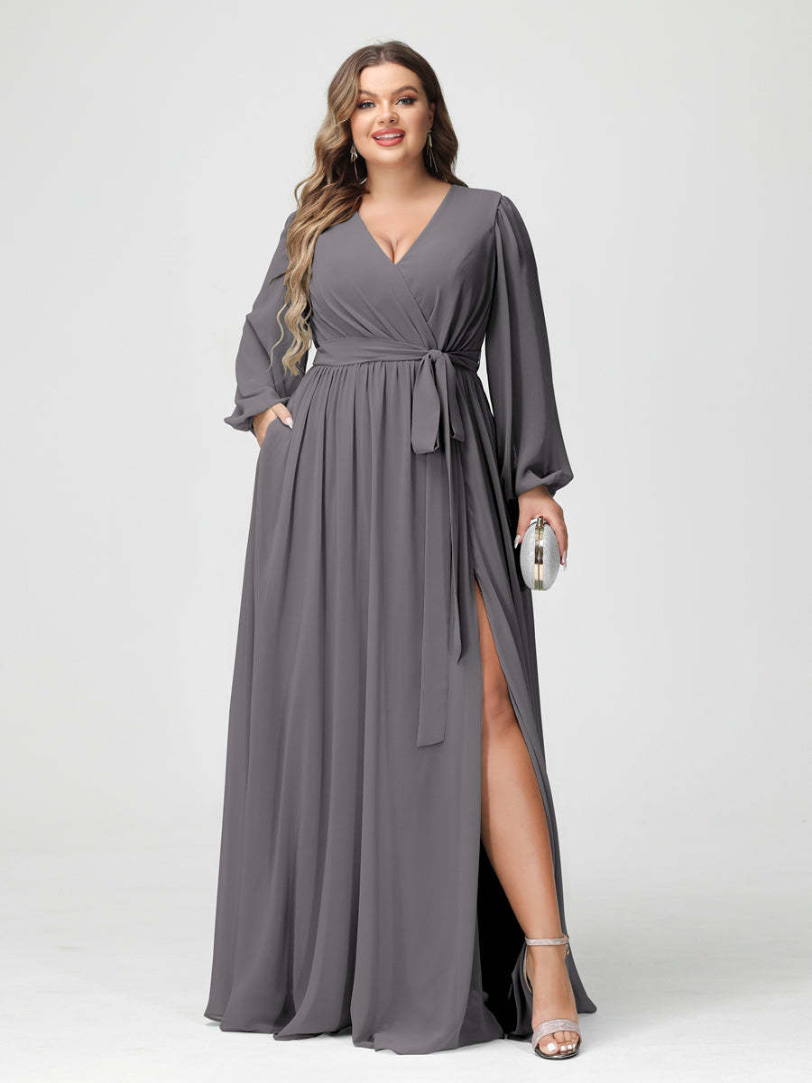 Plus Size Chiffon Bridesmaid Dresses with Pockets – A-Line/Princess V-Neck Long Sleeves