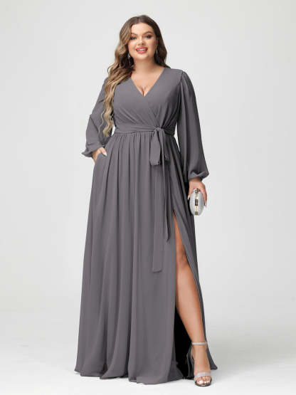 Plus Size Chiffon Bridesmaid Dresses with Pockets – A-Line/Princess V-Neck Long Sleeves