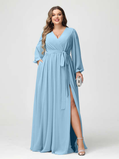 Plus Size Chiffon Bridesmaid Dresses with Pockets – A-Line/Princess V-Neck Long Sleeves
