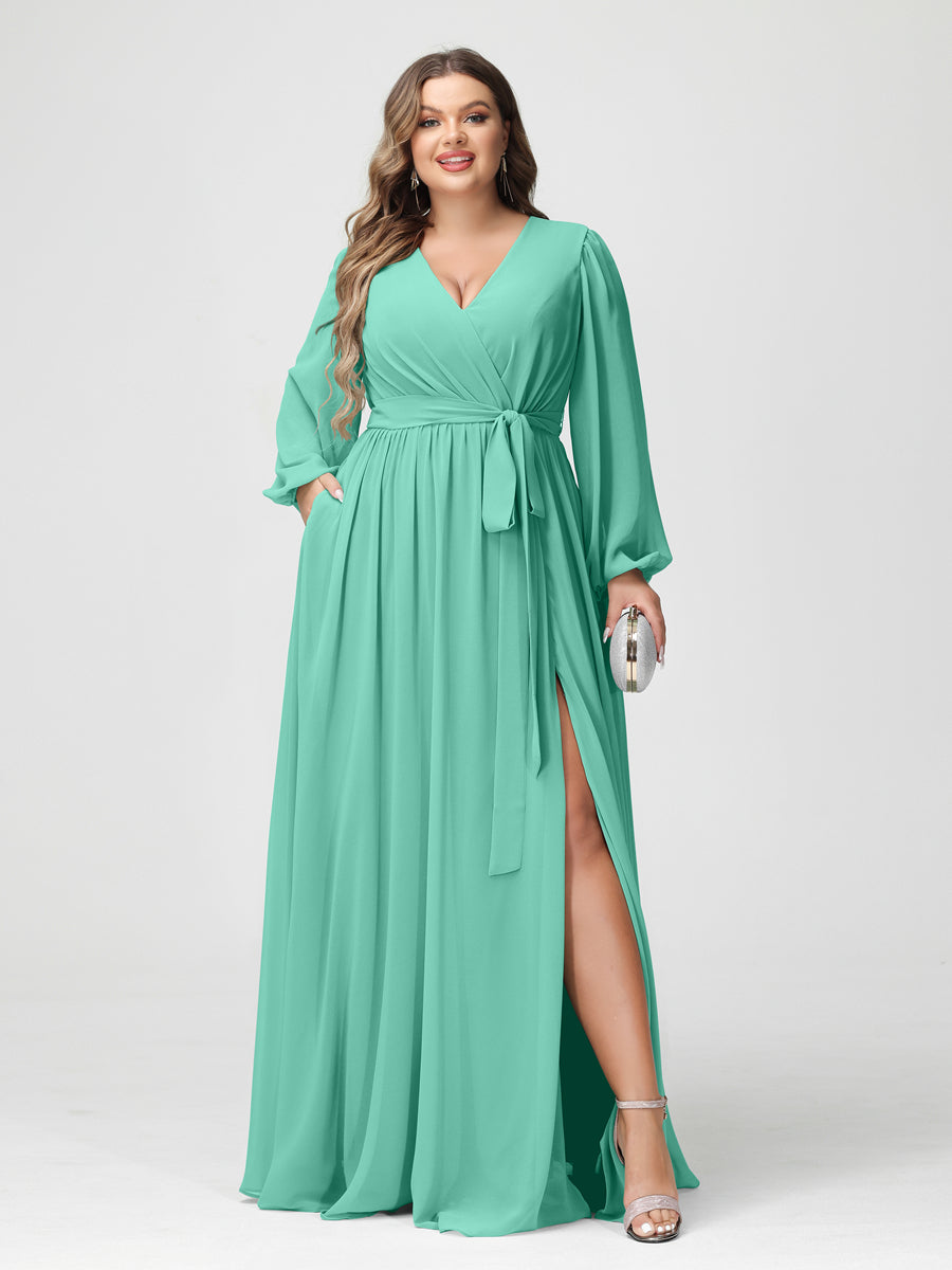 Plus Size Chiffon Bridesmaid Dresses with Pockets – A-Line/Princess V-Neck Long Sleeves