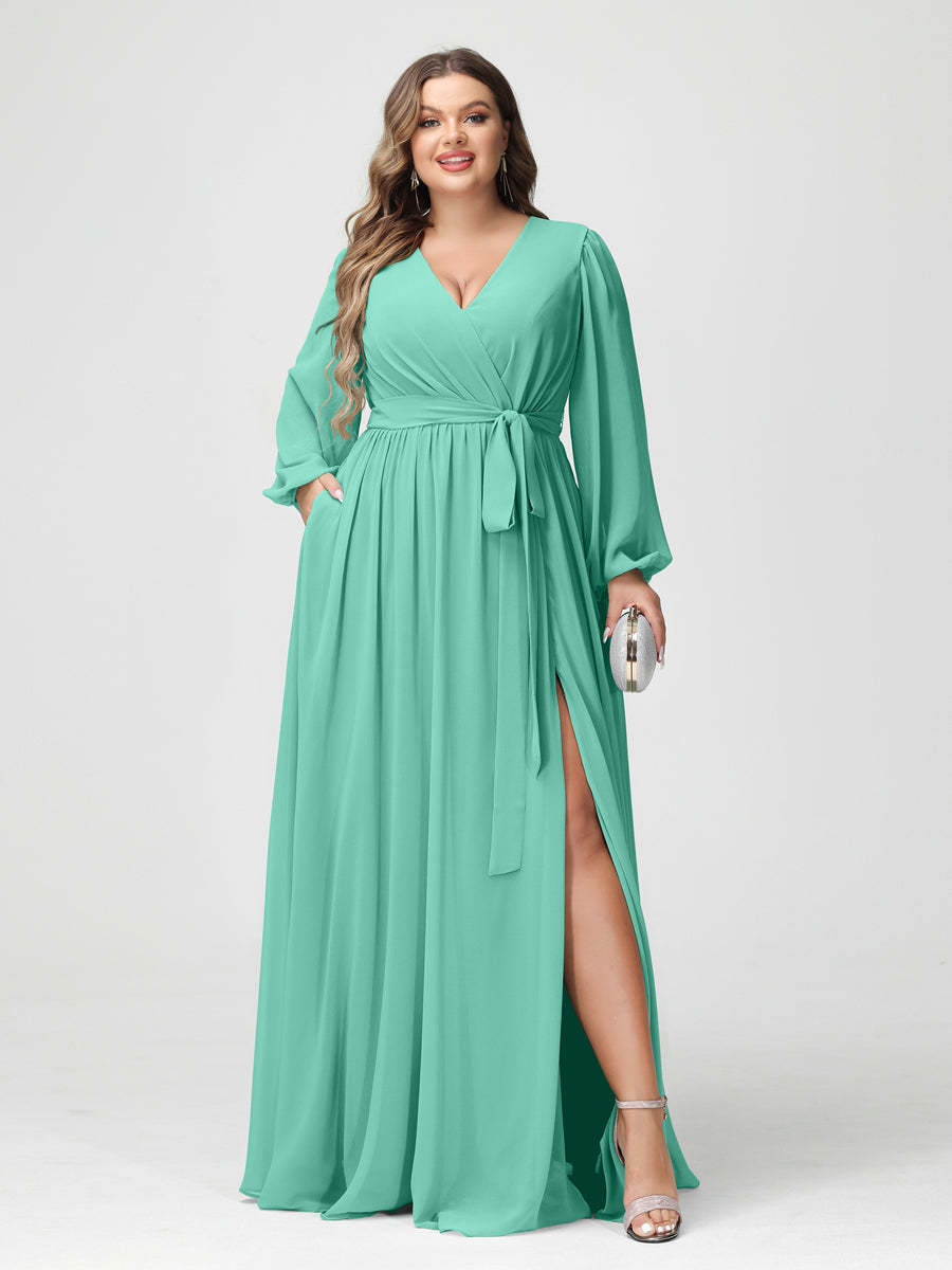 Plus Size Chiffon Bridesmaid Dresses with Pockets – A-Line/Princess V-Neck Long Sleeves