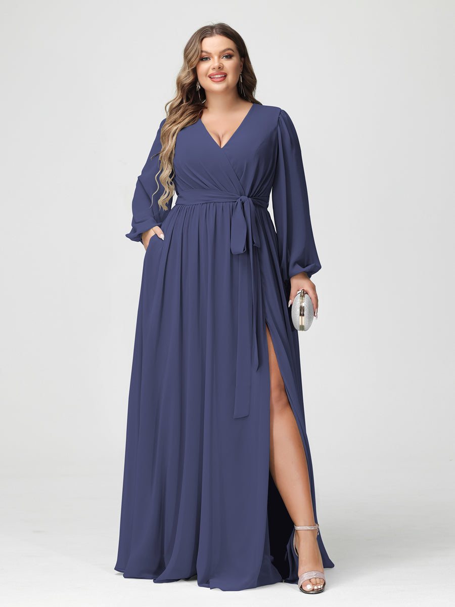 Plus Size Chiffon Bridesmaid Dresses with Pockets – A-Line/Princess V-Neck Long Sleeves