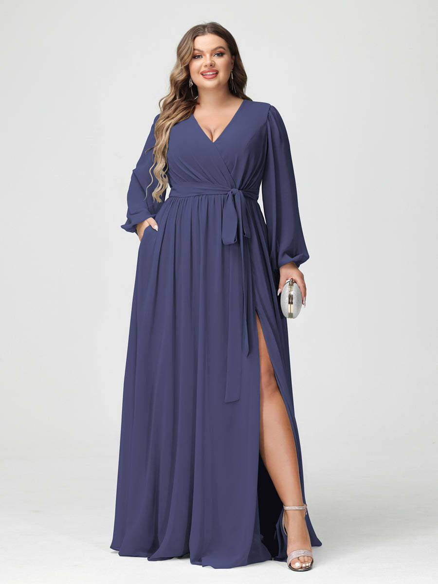 Plus Size Chiffon Bridesmaid Dresses with Pockets – A-Line/Princess V-Neck Long Sleeves