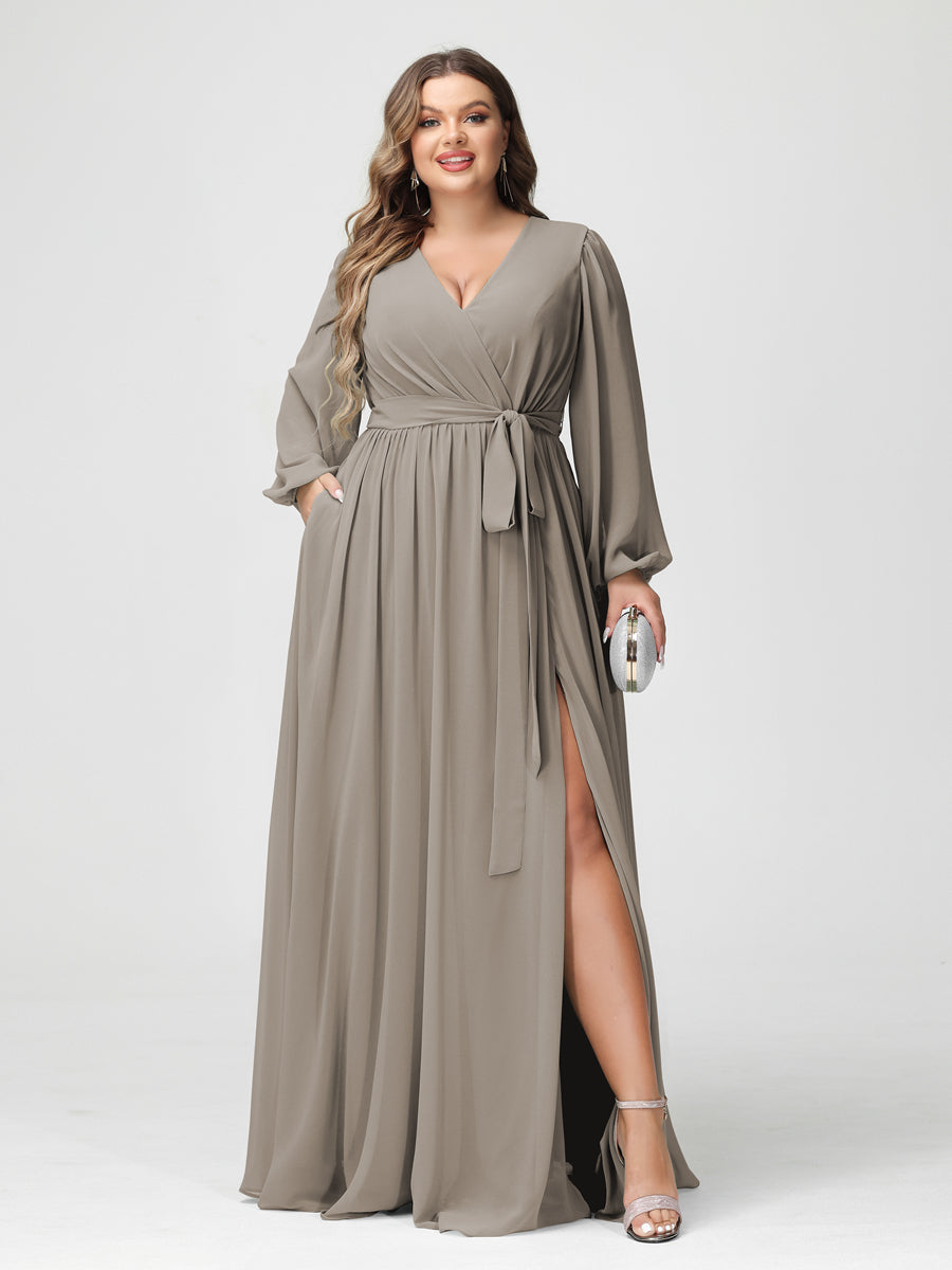 Plus Size Chiffon Bridesmaid Dresses with Pockets – A-Line/Princess V-Neck Long Sleeves