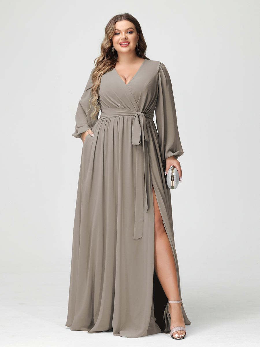 Plus Size Chiffon Bridesmaid Dresses with Pockets – A-Line/Princess V-Neck Long Sleeves