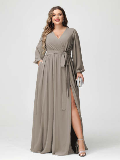 Plus Size Chiffon Bridesmaid Dresses with Pockets – A-Line/Princess V-Neck Long Sleeves