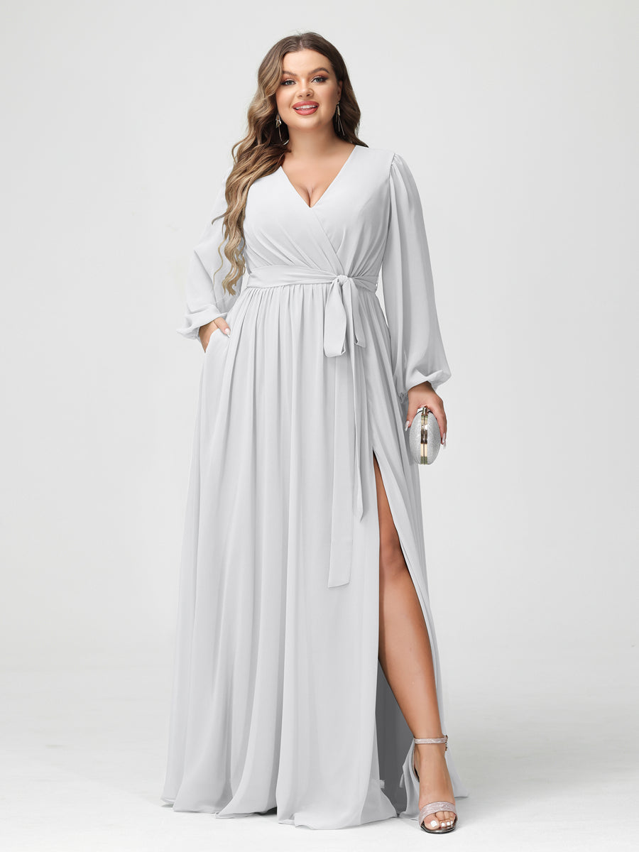 Plus Size Chiffon Bridesmaid Dresses with Pockets – A-Line/Princess V-Neck Long Sleeves