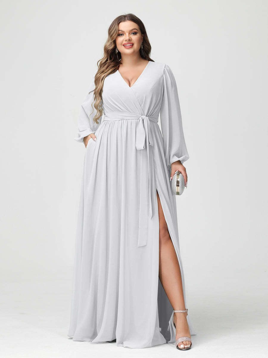 Plus Size Chiffon Bridesmaid Dresses with Pockets – A-Line/Princess V-Neck Long Sleeves
