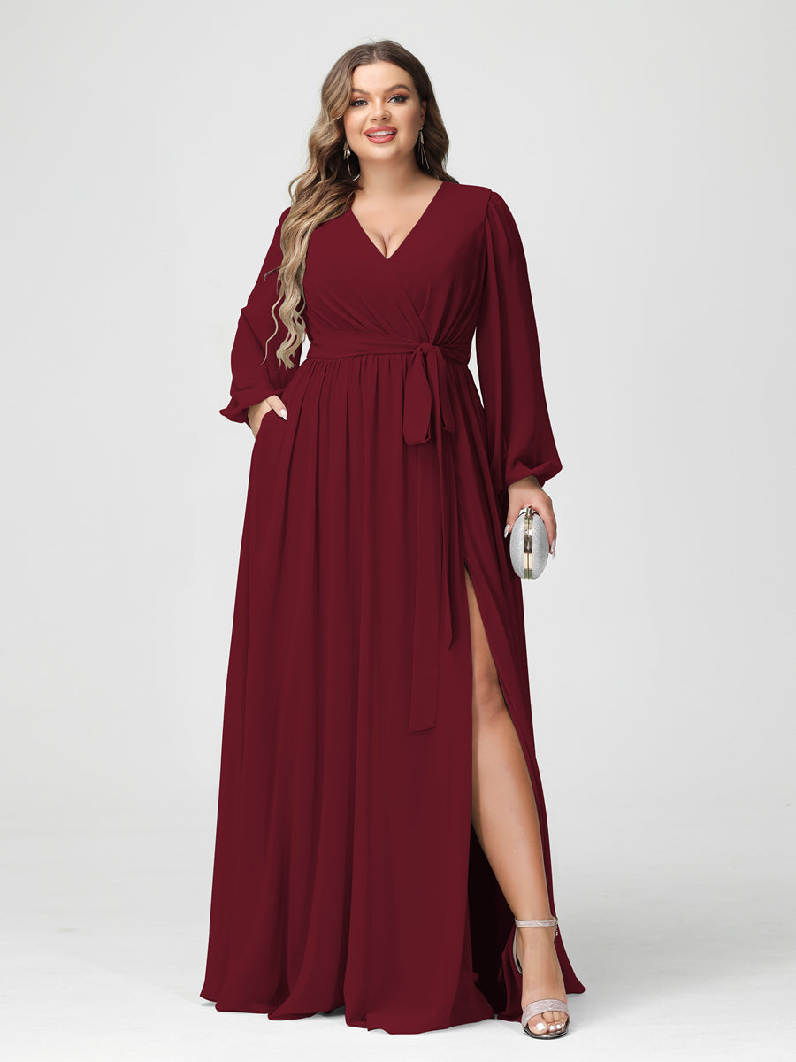Plus Size Chiffon Bridesmaid Dresses with Pockets – A-Line/Princess V-Neck Long Sleeves