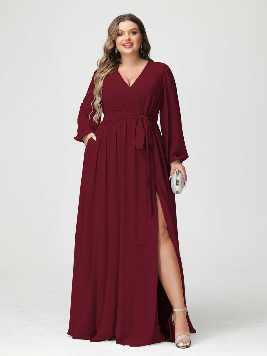 Plus Size Chiffon Bridesmaid Dresses with Pockets – A-Line/Princess V-Neck Long Sleeves