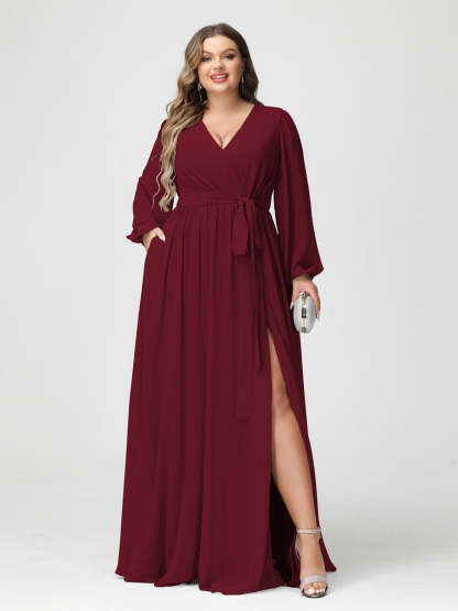 Plus Size Chiffon Bridesmaid Dresses with Pockets – A-Line/Princess V-Neck Long Sleeves