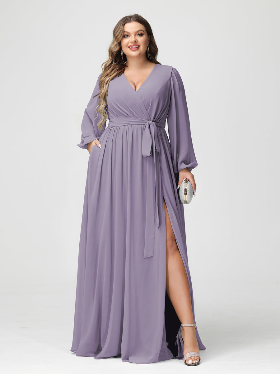 Plus Size Chiffon Bridesmaid Dresses with Pockets – A-Line/Princess V-Neck Long Sleeves