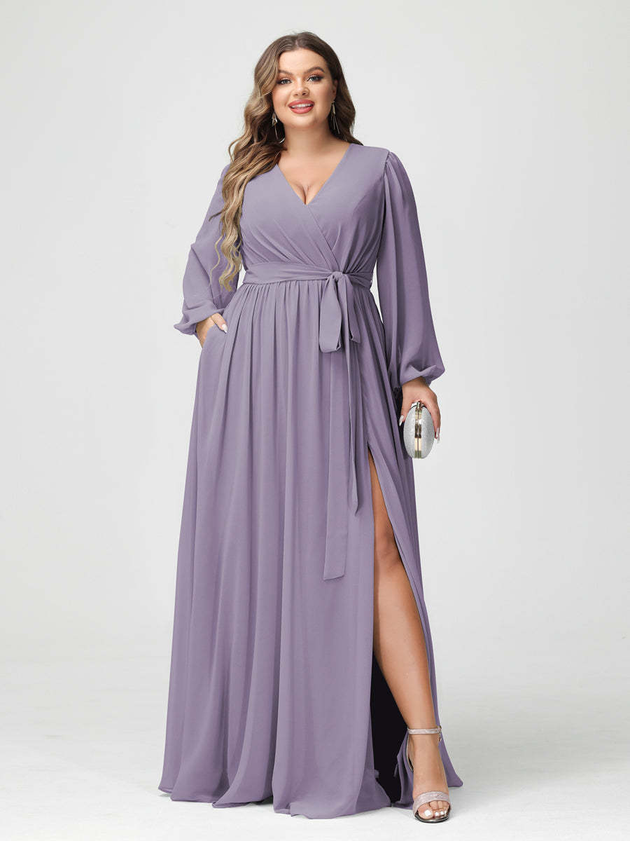 Plus Size Chiffon Bridesmaid Dresses with Pockets – A-Line/Princess V-Neck Long Sleeves