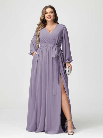 Plus Size Chiffon Bridesmaid Dresses with Pockets – A-Line/Princess V-Neck Long Sleeves