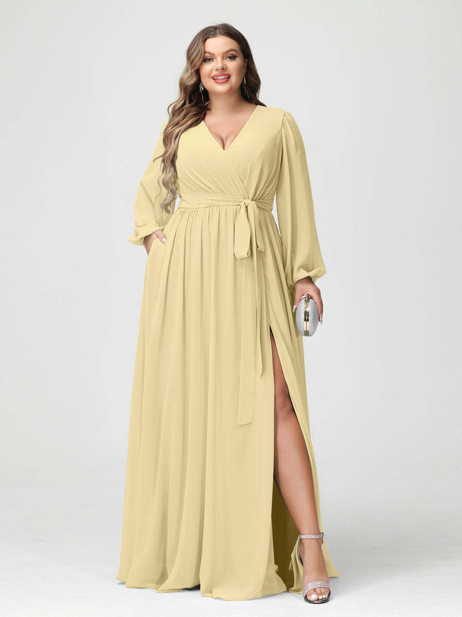 Plus Size Chiffon Bridesmaid Dresses with Pockets – A-Line/Princess V-Neck Long Sleeves