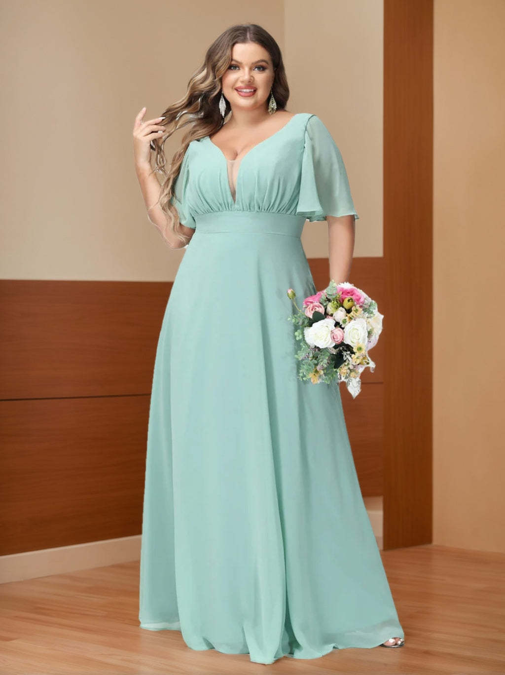 Plus Size Chiffon Bridesmaid Dresses with Pockets in A-Line/Princess V-Neck Half Sleeves