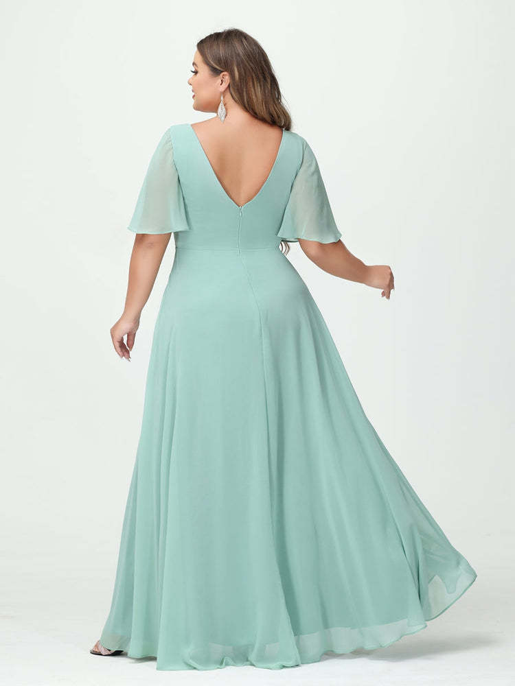 Plus Size Chiffon Bridesmaid Dresses with Pockets in A-Line/Princess V-Neck Half Sleeves