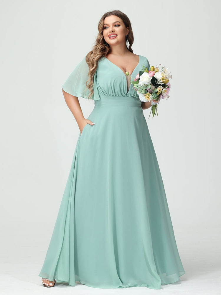Plus Size Chiffon Bridesmaid Dresses with Pockets in A-Line/Princess V-Neck Half Sleeves