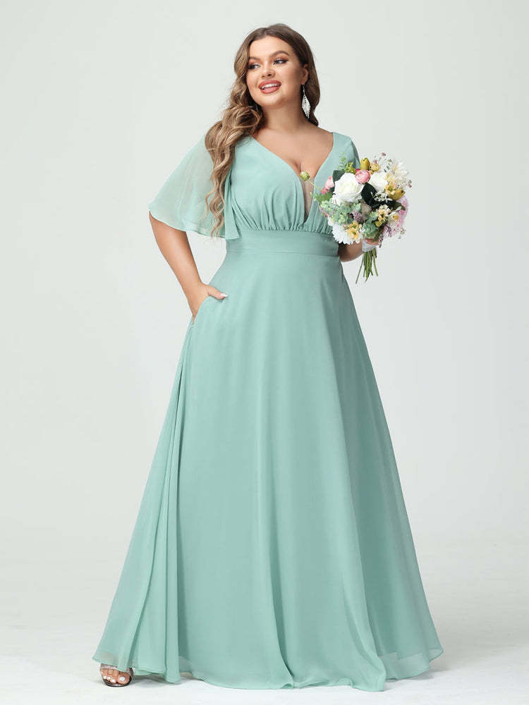 Plus Size Chiffon Bridesmaid Dresses with Pockets in A-Line/Princess V-Neck Half Sleeves