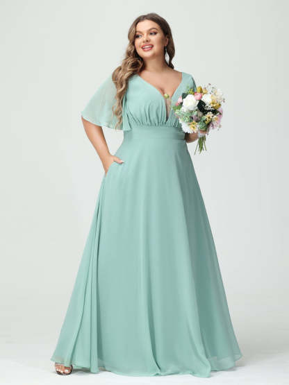 Plus Size Chiffon Bridesmaid Dresses with Pockets in A-Line/Princess V-Neck Half Sleeves