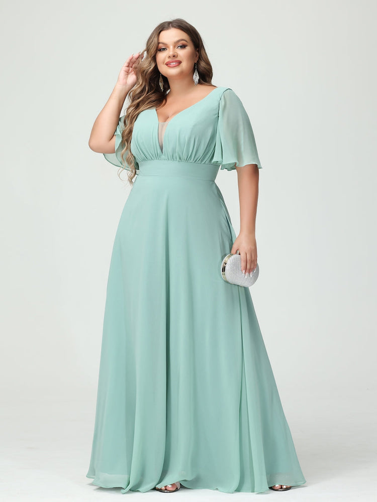 Plus Size Chiffon Bridesmaid Dresses with Pockets in A-Line/Princess V-Neck Half Sleeves