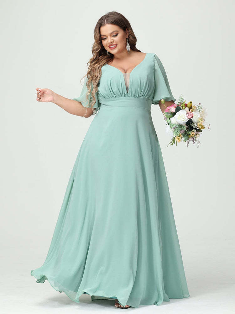 Plus Size Chiffon Bridesmaid Dresses with Pockets in A-Line/Princess V-Neck Half Sleeves