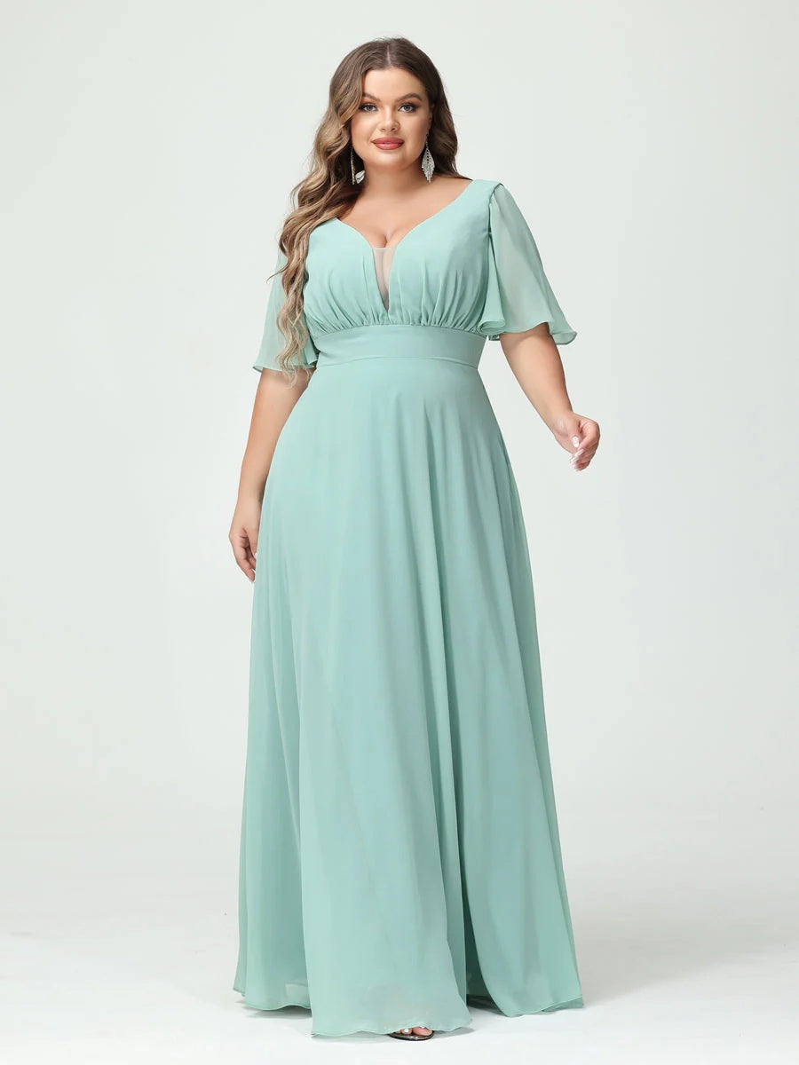 Plus Size Chiffon Bridesmaid Dresses with Pockets in A-Line/Princess V-Neck Half Sleeves