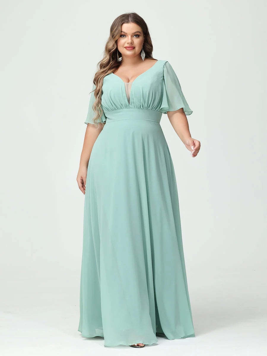 Plus Size Chiffon Bridesmaid Dresses with Pockets in A-Line/Princess V-Neck Half Sleeves