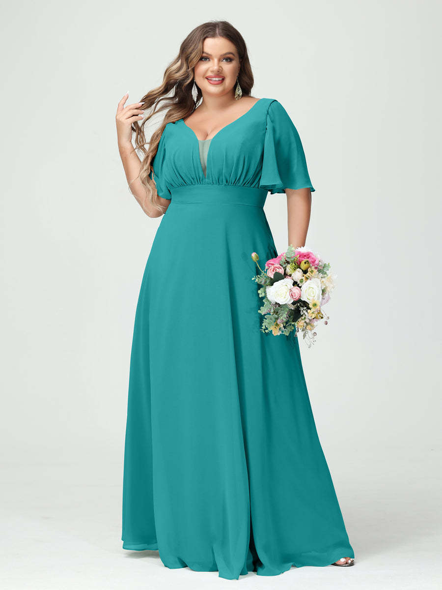 Plus Size Chiffon Bridesmaid Dresses with Pockets in A-Line/Princess V-Neck Half Sleeves