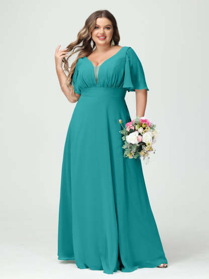 Plus Size Chiffon Bridesmaid Dresses with Pockets in A-Line/Princess V-Neck Half Sleeves