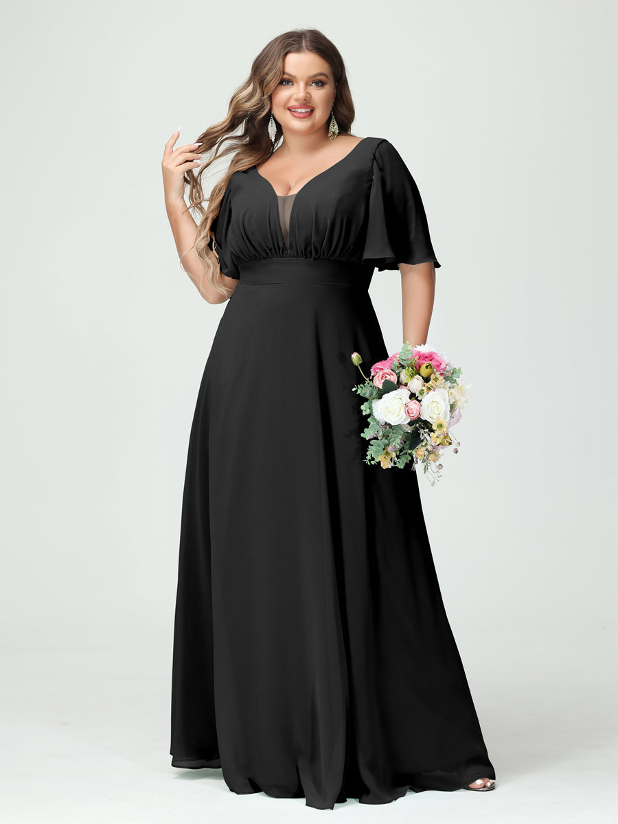 Plus Size Chiffon Bridesmaid Dresses with Pockets in A-Line/Princess V-Neck Half Sleeves