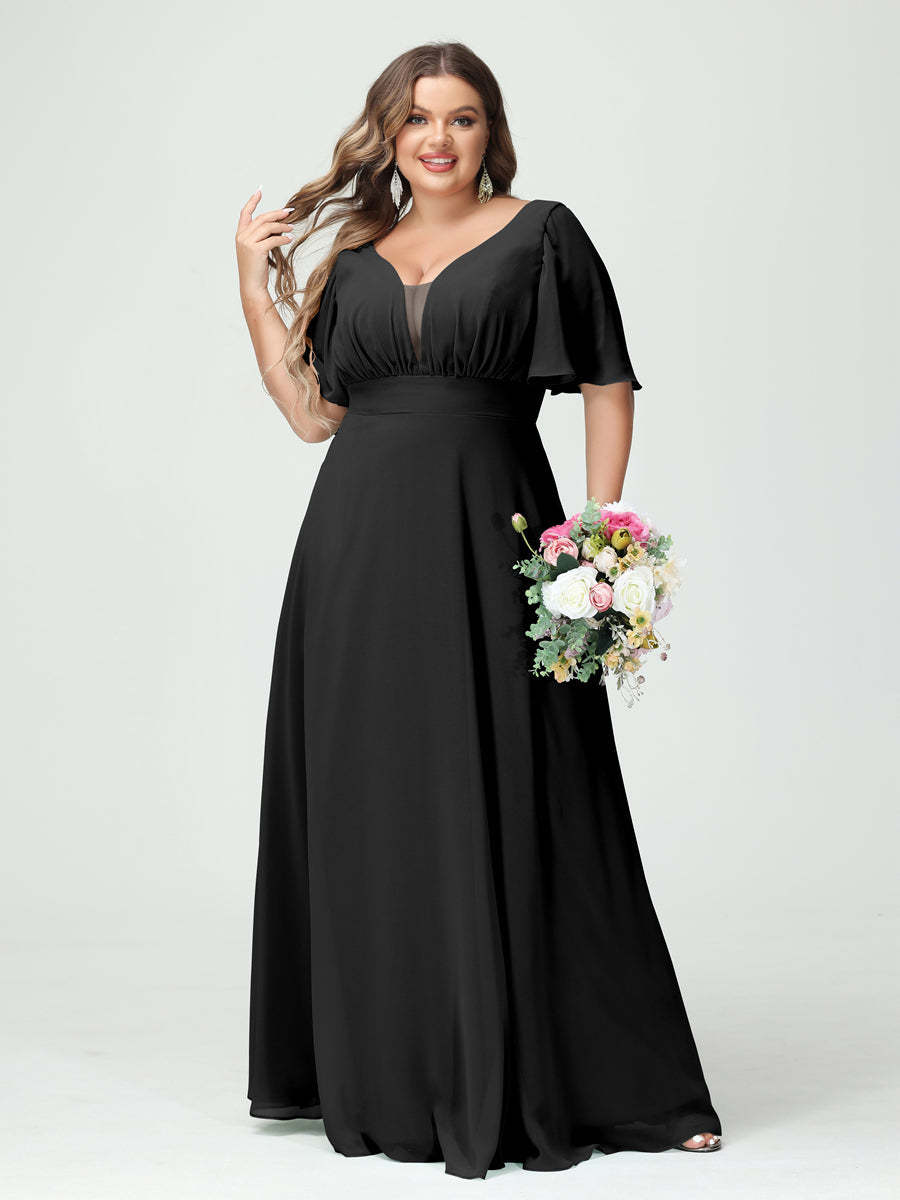 Plus Size Chiffon Bridesmaid Dresses with Pockets in A-Line/Princess V-Neck Half Sleeves