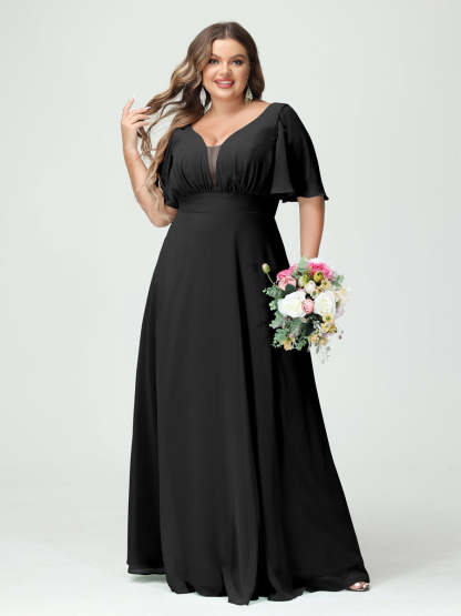 Plus Size Chiffon Bridesmaid Dresses with Pockets in A-Line/Princess V-Neck Half Sleeves