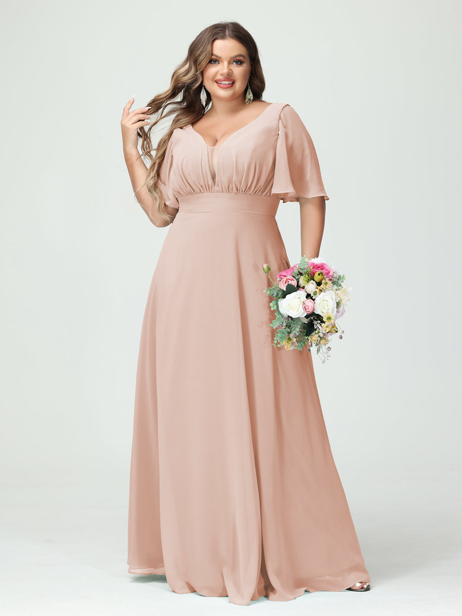 Plus Size Chiffon Bridesmaid Dresses with Pockets in A-Line/Princess V-Neck Half Sleeves
