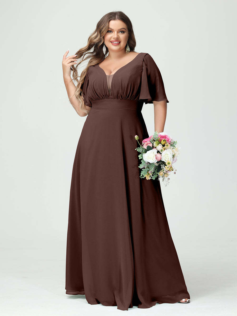 Plus Size Chiffon Bridesmaid Dresses with Pockets in A-Line/Princess V-Neck Half Sleeves