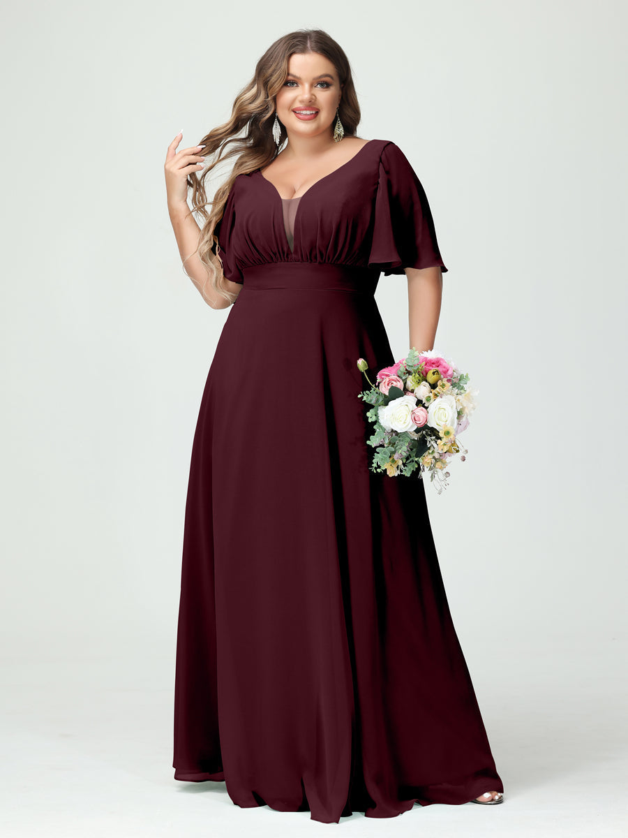 Plus Size Chiffon Bridesmaid Dresses with Pockets in A-Line/Princess V-Neck Half Sleeves