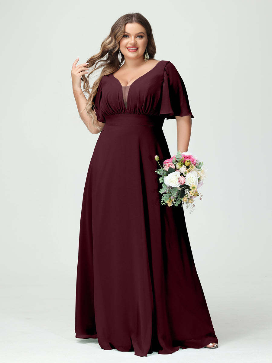 Plus Size Chiffon Bridesmaid Dresses with Pockets in A-Line/Princess V-Neck Half Sleeves