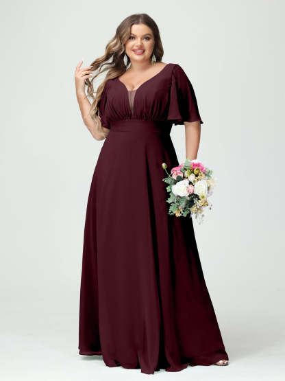 Plus Size Chiffon Bridesmaid Dresses with Pockets in A-Line/Princess V-Neck Half Sleeves