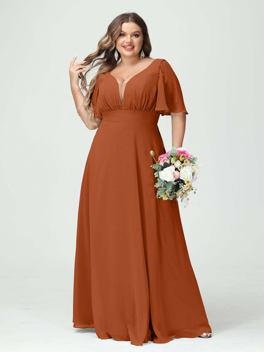 Plus Size Chiffon Bridesmaid Dresses with Pockets in A-Line/Princess V-Neck Half Sleeves