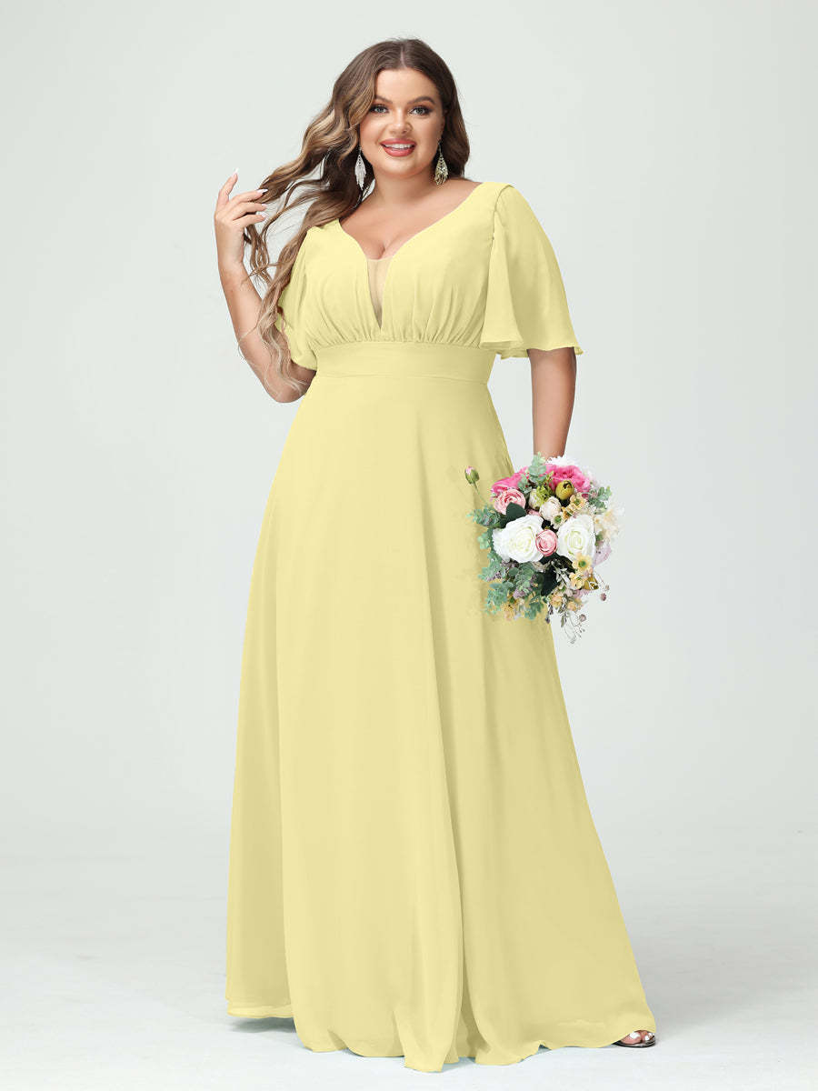 Plus Size Chiffon Bridesmaid Dresses with Pockets in A-Line/Princess V-Neck Half Sleeves