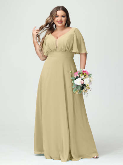 Plus Size Chiffon Bridesmaid Dresses with Pockets in A-Line/Princess V-Neck Half Sleeves