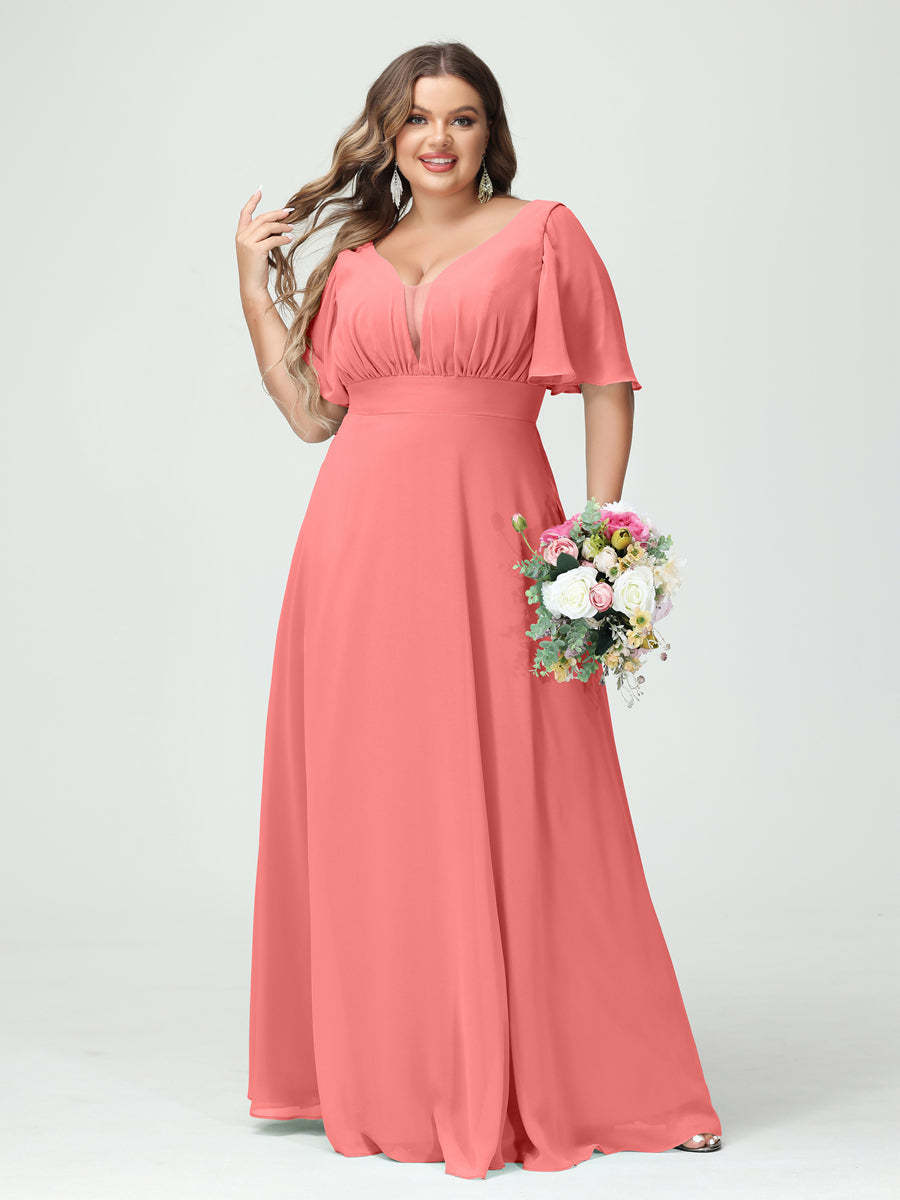 Plus Size Chiffon Bridesmaid Dresses with Pockets in A-Line/Princess V-Neck Half Sleeves