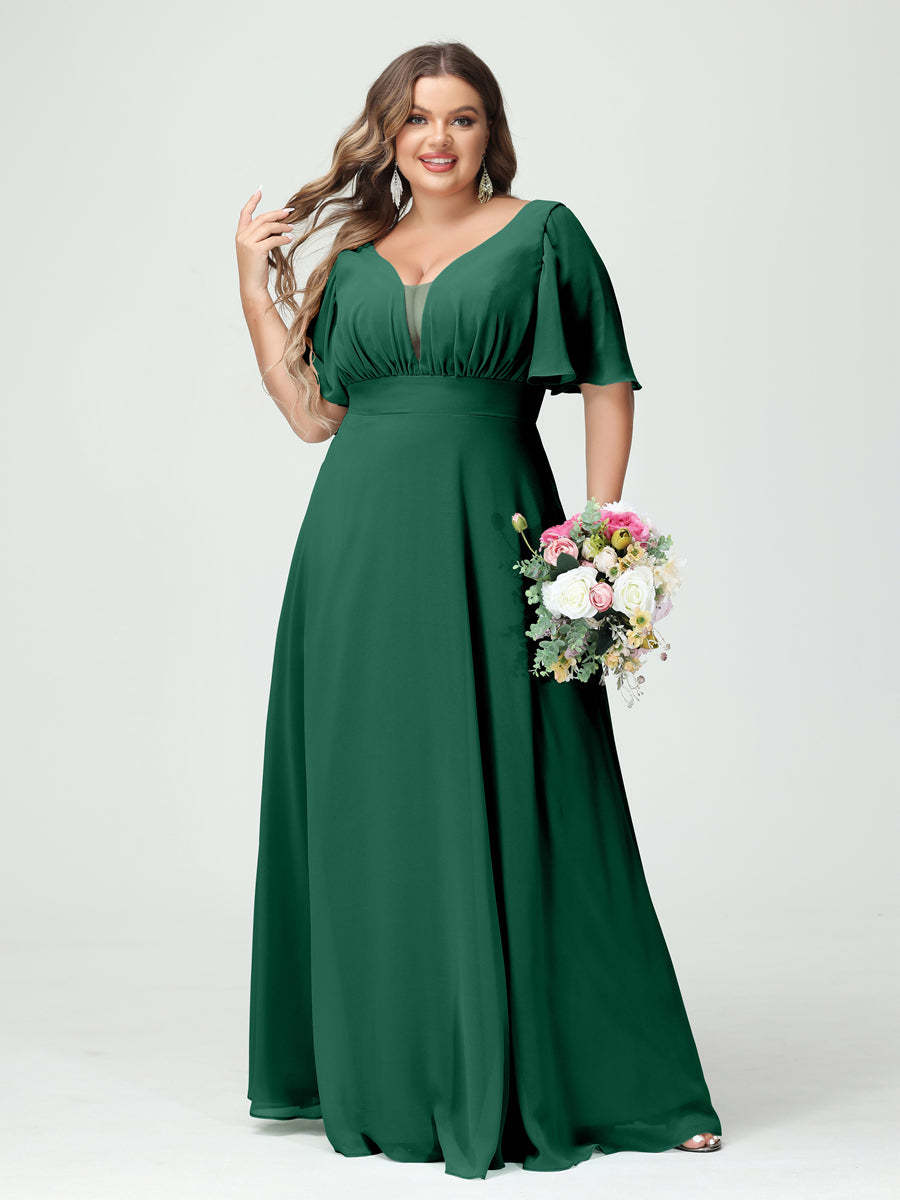 Plus Size Chiffon Bridesmaid Dresses with Pockets in A-Line/Princess V-Neck Half Sleeves